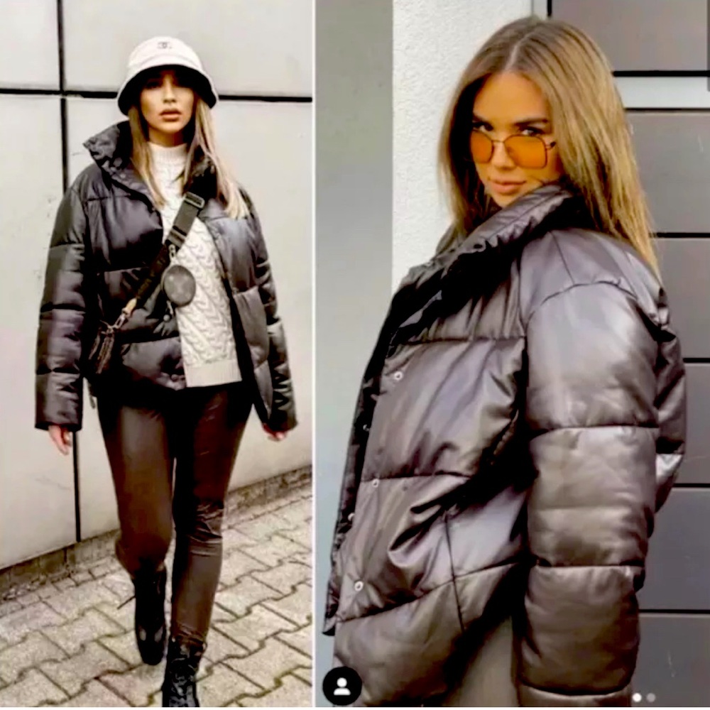 Zara Blogger Chocolate Brown Faux Leather Puffer Jacket Size L